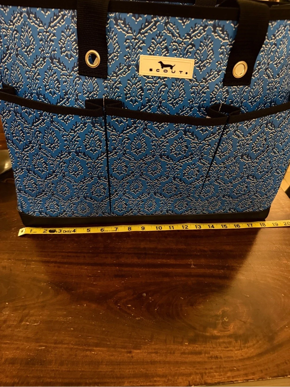 Scout Blue Patterned Tote with Black Straps and Interior Zip